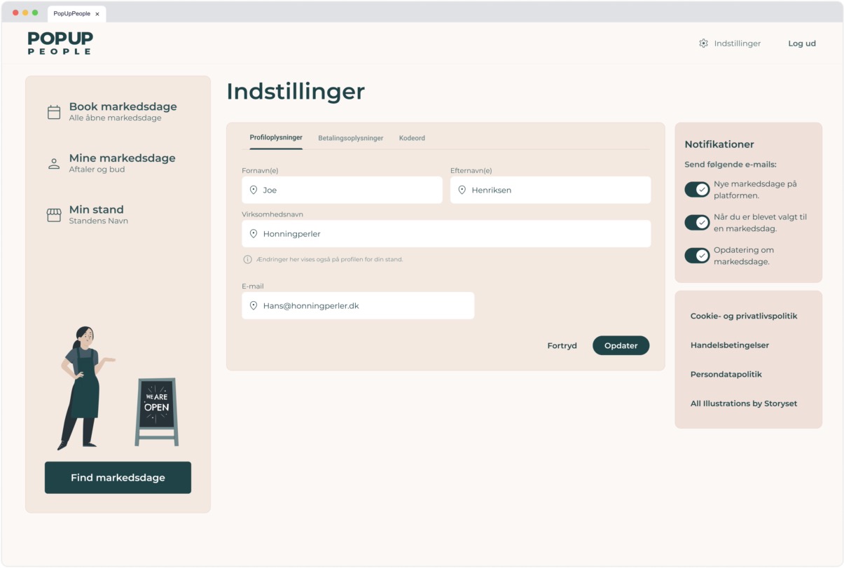 Settings page profile tab for vendors showing inputs for name, company, and email, plus notification toggles and policy links in the sidebar.